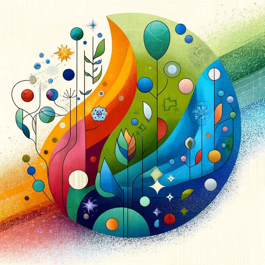 DALL-E generated image of a simple and colorful abstract image depicting the interconnectedness of an ecosystem.